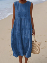Women's Printed Midi Dress Sleeveless Round Neck – Coastal Getaway