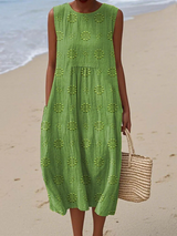 Women's Printed Midi Dress Sleeveless Round Neck – Coastal Getaway