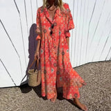 Women's Printed Summer Maxi Dress Button Front Collared Neck – Beach Vacation