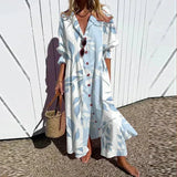 Women's Printed Summer Maxi Dress Button Front Collared Neck – Beach Vacation