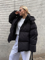 Women’s Puffer Jacket Hooded Zip Front Side Pockets – Cold Morning Errands