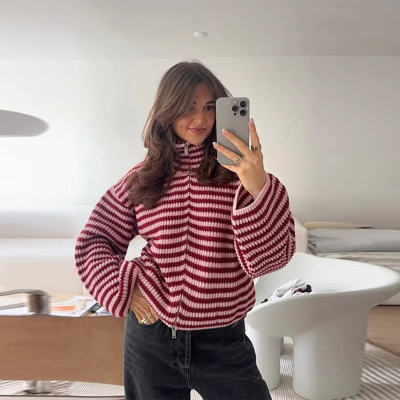 Women's Ribbed Cardigan Full Zip High Collar Flare Sleeve - Casual