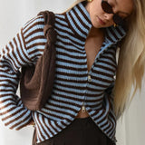 Women's Ribbed Cardigan Full Zip High Collar Flare Sleeve - Casual