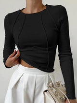 Women's Ribbed Knit Top Long Sleeve Crew Neck Seam Detail – Everyday Basic Style