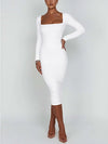 Women's Ruched Bodycon Midi Party Dress Square Neck Long Sleeve – Evening Reception