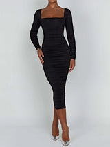 Women's Ruched Bodycon Midi Party Dress Square Neck Long Sleeve – Evening Reception