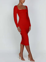 Women's Ruched Bodycon Midi Party Dress Square Neck Long Sleeve – Evening Reception