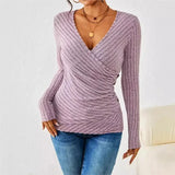 Women's Ruched Wrap Knit Top V Neck Long Sleeve Side Button – Date Nights