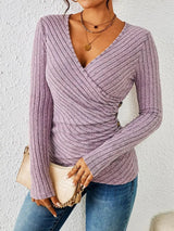 Women's Ruched Wrap Knit Top V Neck Long Sleeve Side Button – Date Nights