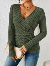 Women's Ruched Wrap Knit Top V Neck Long Sleeve Side Button – Date Nights