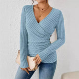 Women's Ruched Wrap Knit Top V Neck Long Sleeve Side Button – Date Nights