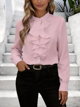 Women's Ruffle Front Blouse Stand Collar Long Sleeve – Business Meeting