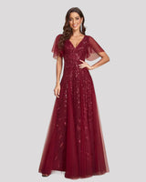 Women's Sequin Maxi Dress V Neck Flutter Sleeve – Wedding Guest Party