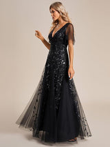 Women's Sequin Maxi Dress V Neck Flutter Sleeve – Wedding Guest Party