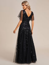 Women's Sequin Maxi Dress V Neck Flutter Sleeve – Wedding Guest Party