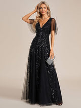 Women's Sequin Maxi Dress V Neck Flutter Sleeve – Wedding Guest Party