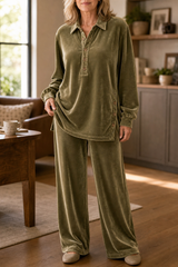 Women’s Set Collared Button Front Long Sleeve Top Wide-Leg Pants – Cozy Home Days