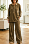 Women’s Set Collared Button Front Long Sleeve Top Wide-Leg Pants – Cozy Home Days
