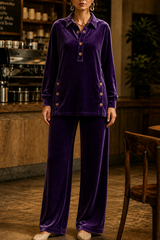 Women’s Set Collared Button Front Long Sleeve Top Wide-Leg Pants – Cozy Home Days