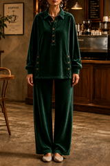Women’s Set Collared Button Front Long Sleeve Top Wide-Leg Pants – Cozy Home Days
