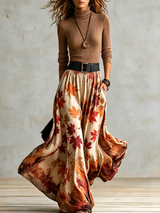 Women’s Set Ribbed Turtleneck Top Leaf Print Skirt Side Pockets – Gallery Visits