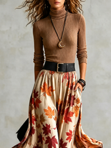 Women’s Set Ribbed Turtleneck Top Leaf Print Skirt Side Pockets – Gallery Visits
