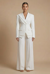 Women’s Set Suit Notched Collar Waist Button Detail – Evening Engagements