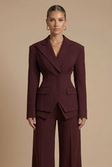 Women’s Set Suit Notched Collar Waist Button Detail – Evening Engagements