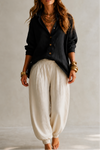 Women’s Set Turn Down Collar Button Front Shirt Elastic Waist Pants – Cafe Meetups