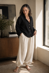 Women’s Set Turn Down Collar Button Front Shirt Elastic Waist Pants – Cafe Meetups