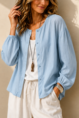 Women’s Shirt Button Closure Round Neck Long Sleeve – Weekend Markets