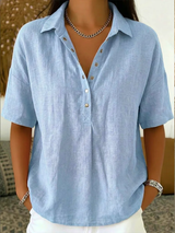Women's Shirt Collared Button Front Short Sleeve Curved Hem – Coffee Run