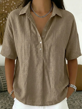 Women's Shirt Collared Button Front Short Sleeve Curved Hem – Coffee Run