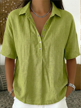 Women's Shirt Collared Button Front Short Sleeve Curved Hem – Coffee Run