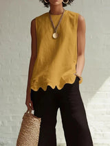Women's Sleeveless Top Round Neck Scalloped Hem Back Keyhole – Garden Party