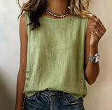 Women's Sleeveless Top Round Neck Side Button Detail Hip Length – Lunch Date