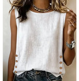 Women's Sleeveless Top Round Neck Side Button Detail Hip Length – Lunch Date