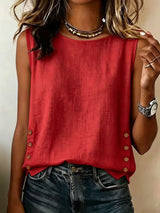 Women's Sleeveless Top Round Neck Side Button Detail Hip Length – Lunch Date