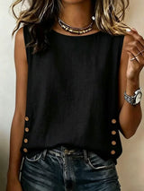 Women's Sleeveless Top Round Neck Side Button Detail Hip Length – Lunch Date