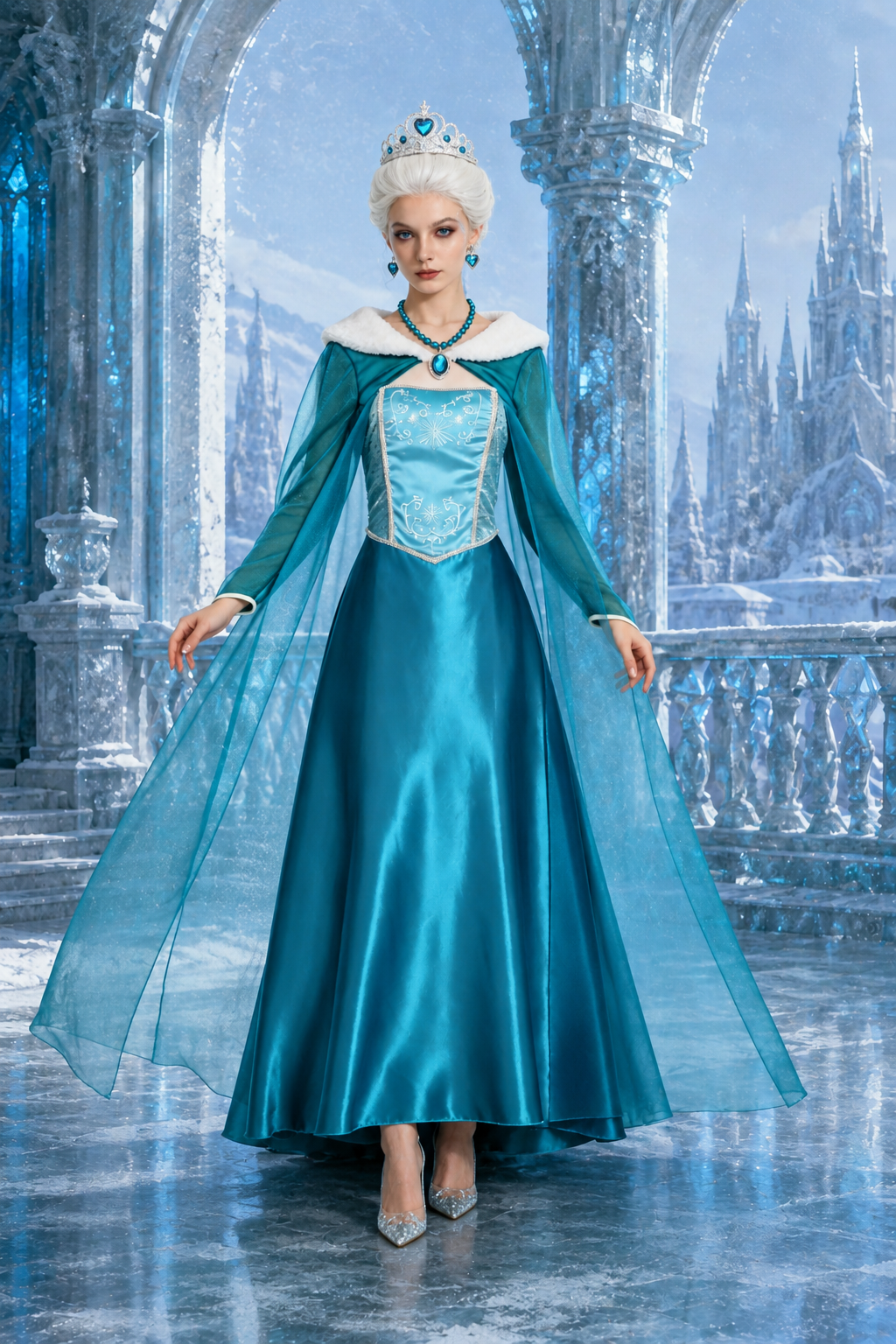 Women's Snow Queen Costume Dress Cloak Sleeve – Halloween Frost Gala