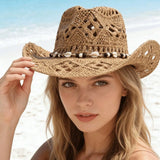 Women's Straw Sun Hat Openwork Wide Brim Beaded Band – Beach Vacation