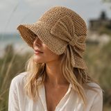 Women's Straw Sun Hat Wide Brim Side Bow Woven Texture – Beach Picnic