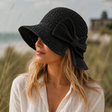 Women's Straw Sun Hat Wide Brim Side Bow Woven Texture – Beach Picnic