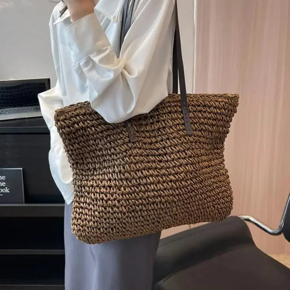 Women's Straw Tote Bag Large Woven Shoulder Open Top – Summer Vacation