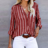 Women's Stripe Blouse Button Front V Neck Long Sleeve – Everyday Wear