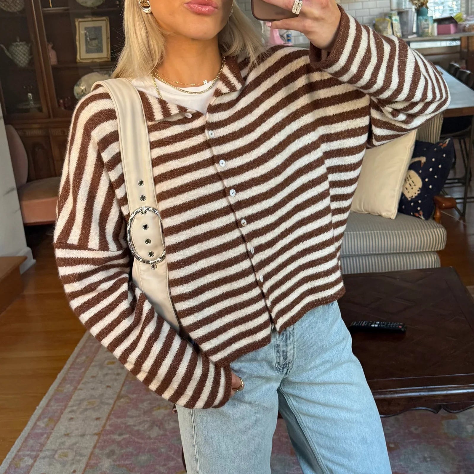 Women's Stripe CardiganLong Sleeve Button Front - Casual Everyday