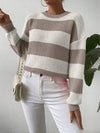 Women's Stripe Knit Sweater Crew Neck Dropped Shoulder – Casual Fall