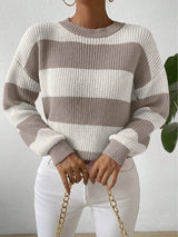 Women's Stripe Knit Sweater Crew Neck Dropped Shoulder – Casual Fall