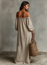 Women's Stripe Maxi Dress Off Shoulder Puff Sleeve – Beach Vacation