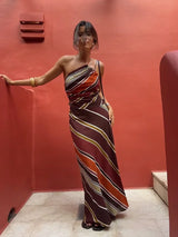 Women's Striped Maxi Dress Asymmetric Neck Draped Waist – Wedding Guest